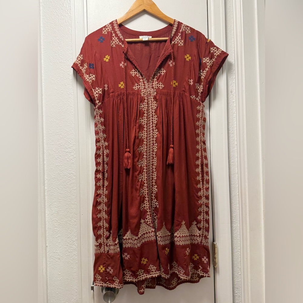 Sundance Embroidered Boho Mini Dress Rust Brown Petite Small PS - Picture 6 of 8
